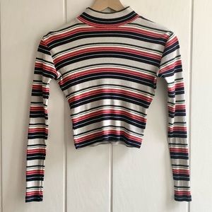 Brandy Melville Rib Knit Stripe Mock Neck Crop Top Long Sleeve